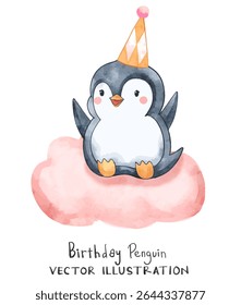 Cute penguin sit on pink cloud with birthday hat on the head. Watercolor vector perfect for birthday project and greeting cards design