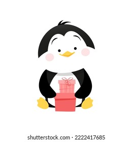 Cute penguin sits and holds 2 pink gifts