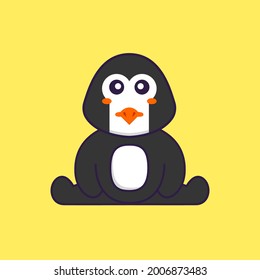Cute penguin is sitting. Animal cartoon concept isolated. Can used for t-shirt, greeting card, invitation card or mascot.