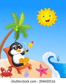 Cute penguin sitting on beach chair