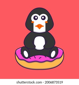 Cute penguin is sitting on donuts. Animal cartoon concept isolated. Can used for t-shirt, greeting card, invitation card or mascot.