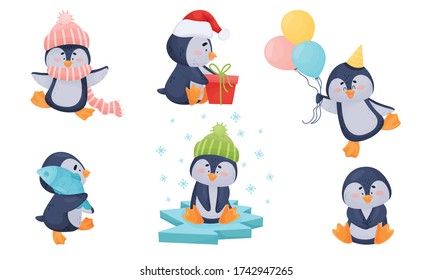 Cute Penguin Sitting on Ice Plate and Carrying Fish Vector Set