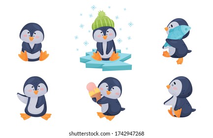 Cute Penguin Sitting on Ice Plate and Carrying Fish Vector Set
