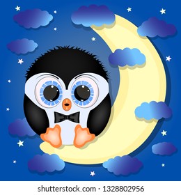 Cute penguin sitting on the moon vector illustration 