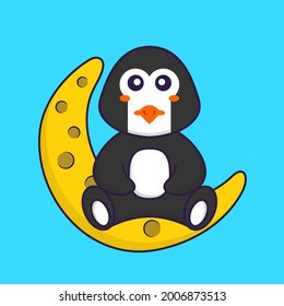 Cute penguin is sitting on the moon. Animal cartoon concept isolated. Can used for t-shirt, greeting card, invitation card or mascot.