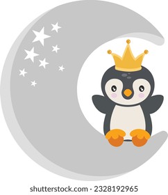 Cute penguin sitting on moon with crown on head