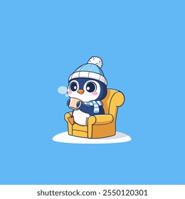 Cute penguin sitting on the sofa with a cup of warm drink