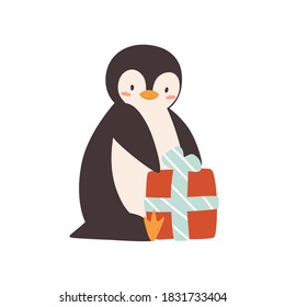 Cute penguin sitting with wrapped gift box vector flat illustration. Funny baby polar bird holding present with bow isolated on white. Festive adorable arctic character celebrating holiday