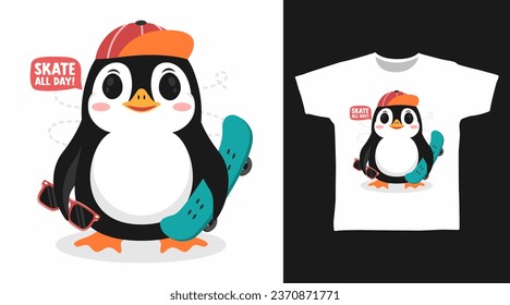 Cute Penguin with Skateboard tshirt art fashion design.