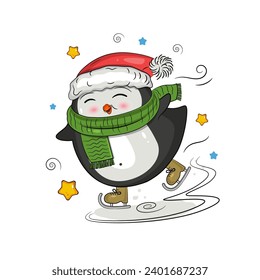 Cute penguin skates in Santa hat. Christmas character for your decoration, and winter projects.