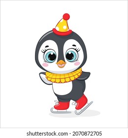 A cute penguin is skating in a circus. Vector illustration of a cartoon.