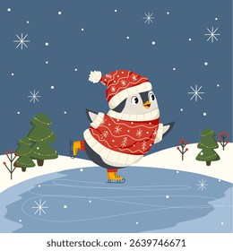 Cute penguin skating in a red sweater and hat, gliding on ice with snowflakes around. Winter landscape with Christmas trees in the background. Illustration for greeting cards, banners and print.