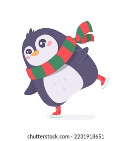 Cute penguin skating vector illustration. Cartoon isolated fun pose of animal skater character with skates and scarf on ice rink, sport and winter leisure in cold season of funny happy penguin
