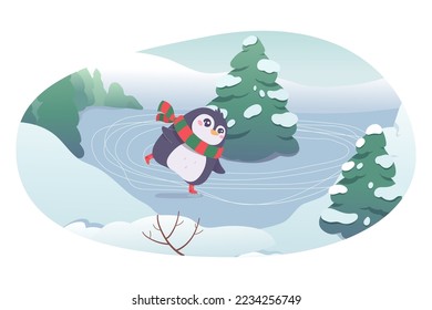 Cute penguin skating vector illustration. Cartoon isolated fun pose of animal skater character with skates and scarf on ice rink, sport and winter leisure in cold season of funny penguin in forest.