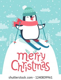 Cute penguin skiing down the hill. Merry Christmas card. Vector illustration.