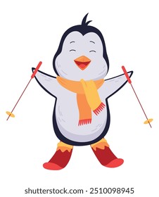 Cute penguin skiing. Funny draw character in cartoon style. Adorable wild animal. Vector illustration