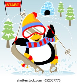 cute penguin skiing, snow land elements, vector cartoon illustration. Eps 10