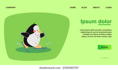 Cute penguin skiing vector illustration. Funny cartoon bird having fun in winter holidays. Christmas, New Year landing page template. Winter activities concept