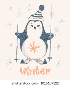 cute penguin skiing. Vector print design for kid t-shirts,dress or greeting cards