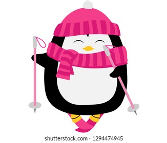 cute penguin skiing in winter hat