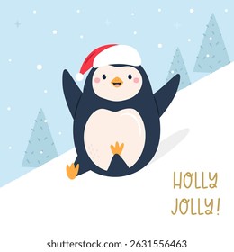 Cute Penguin Sledding Christmas Card. Fun Winter Holiday Illustration for Seasonal Greetings