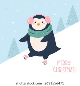 Cute Penguin Sledding Christmas Card. Fun Winter Holiday Illustration for Seasonal Greetings