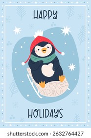 Cute Penguin Sledding Christmas Card. Fun Winter Holiday Illustration for Seasonal Greetings