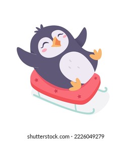 Cute penguin sledding vector illustration. Cartoon isolated baby penguin sledging, fun ride downhill of happy animal, Christmas recreation activity and game in winter cold season and holidays