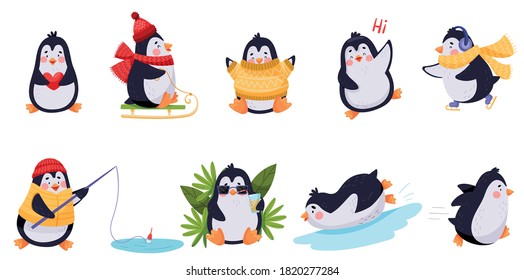 Cute Penguin Sledging, Fishing and Figure Skating Vector Illustration Set