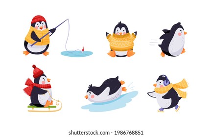 Cute Penguin Sledging, Fishing and Ice Skating Vector Illustration Set