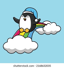 Cute Penguin Sleeding On Rainbow Cartoon Vector Icon Illustration. Animal Nature Icon Concept Isolated Premium Vector.