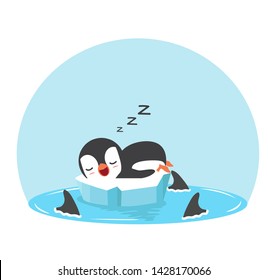 Cute Penguin sleep with fin sharks