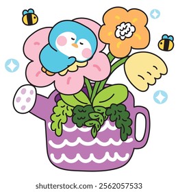 Cute penguin sleep on big flower grow in watering can.Bee.Water.Soil.Nature floral.Polar bird animal character cartoon design.Kawaii.Vector.Illustration.