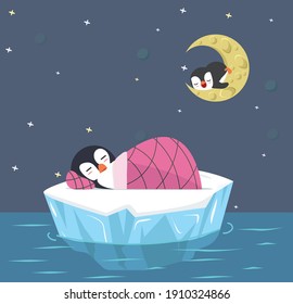 Cute penguin sleep on ice floe vector background