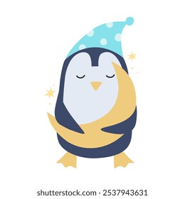 Cute penguin with sleeping concept perfect for child's print, bedroom decoration or lullaby book