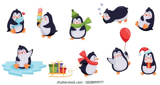 Cute Penguin Sleeping, Eating Ice Cream and Waving Wing Vector Illustration Set