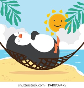 Pingüino lindo durmiendo en una hamaca con playa de verano