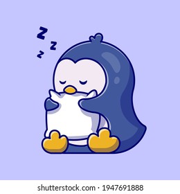 Cute Penguin Sleeping Hug Pillow Cartoon Vector Icon Illustration. Animal Nature Icon Concept Isolated Premium Vector. Flat Cartoon Style