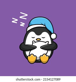 Cute Penguin Sleeping Hug Pillow Cartoon Vector Icon Illustration. Animal Icon Concept Isolated Premium Vector.