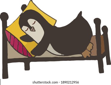 cute penguin sleeping on the bed