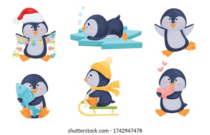 Cute Penguin Sleeping on Ice Plate and Holding Fish Vector Set