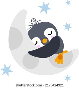 Cute penguin sleeping on moon