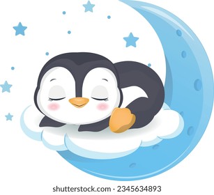 Cute Penguin sleeping on the moon