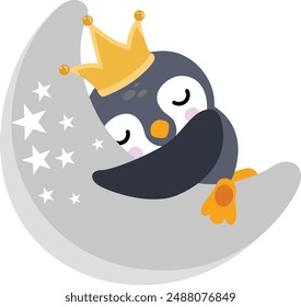 Lindo pingüino durmiendo en la luna con la corona en la cabeza
