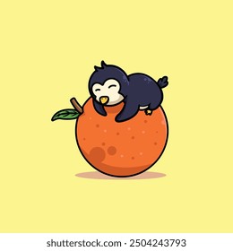 cute penguin sleeping on orange, yellow background