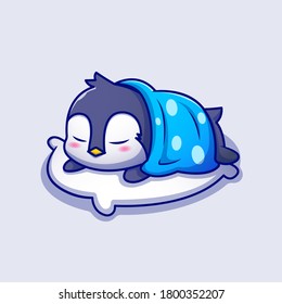 Cute Penguin Sleeping On Pillow With Blanket Cartoon Vector Icon Illustration. Animal Sleep Icon Concept Isolated Premium Vector. Flat Cartoon Style