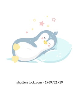 Cute Penguin Sleeping On Pillow. Cartoon Vector Icon Illustration. Animal Sleep Icon Concept Isolated Premium Vector. Flat Cartoon Style