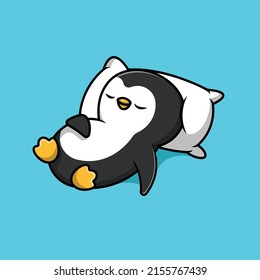 Cute Penguin Sleeping On Pillow Cartoon Vector Icon Illustration. Animal Icon Concept Isolated Premium Vector.