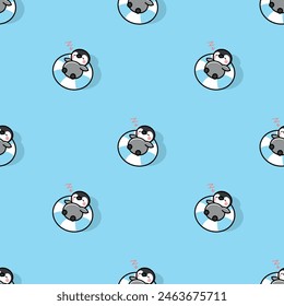 A CUTE PENGUIN IS SLEEPING ON A RUBBER RING SEAMLESS PATTERN