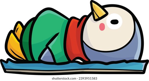 Cute penguin sleeping wiht green sweater cartoon illustration